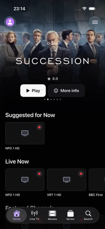 MyIPTV home screen on iPhone, showing a featured series and rows of live channels