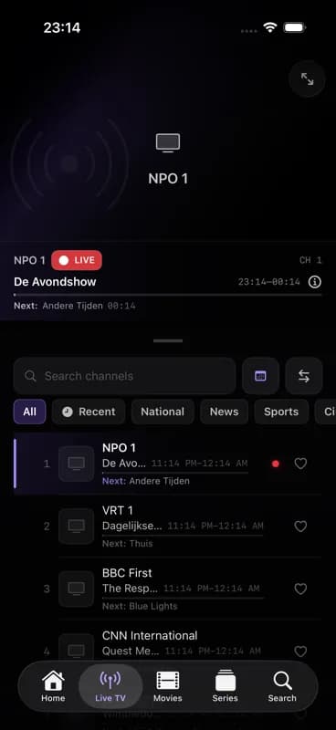 Live TV screen on iPhone, showing channels with their current programme