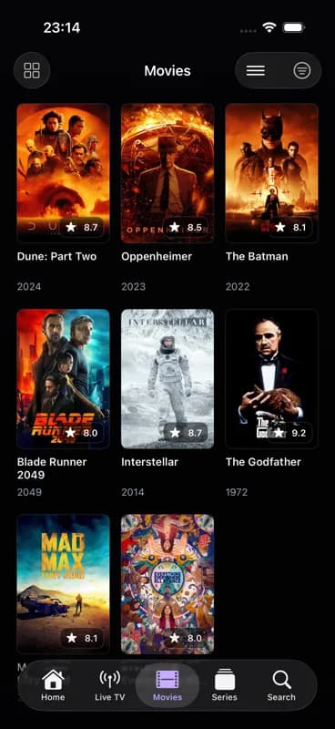 The movies library on iPhone, showing poster artwork in a grid