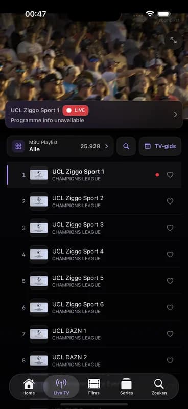 Live TV playing in MyIPTV on iPhone, with a live channel and the channel list